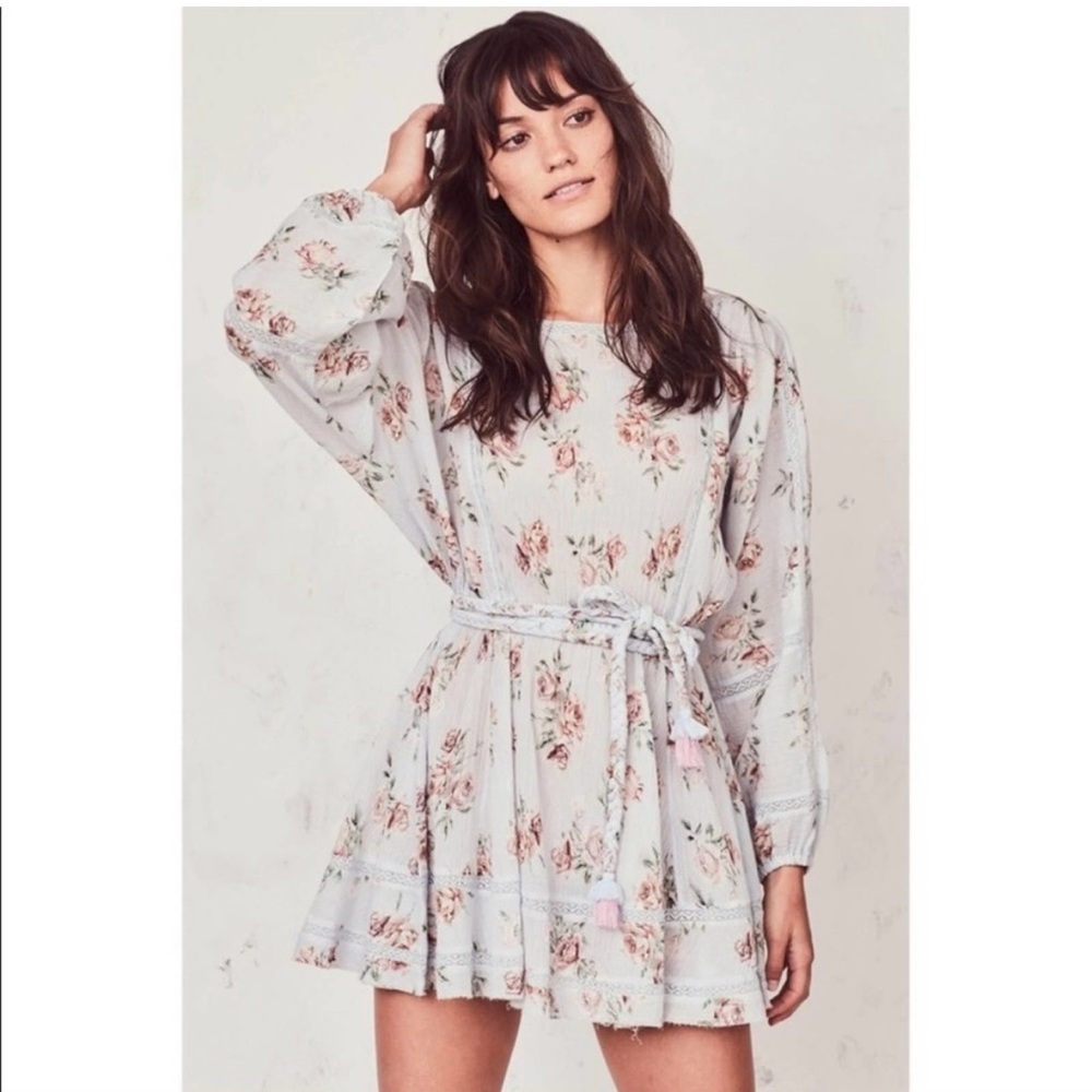 LoveShackFancy Floral Long Sleeve Mini Dress in Light Blue and Pink
